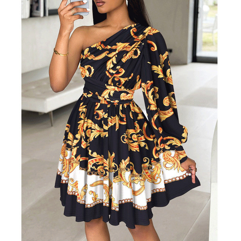 Dame Elegant En-Skulder-Sommerkjole med flydende nederdel og blomsterprint Stilla