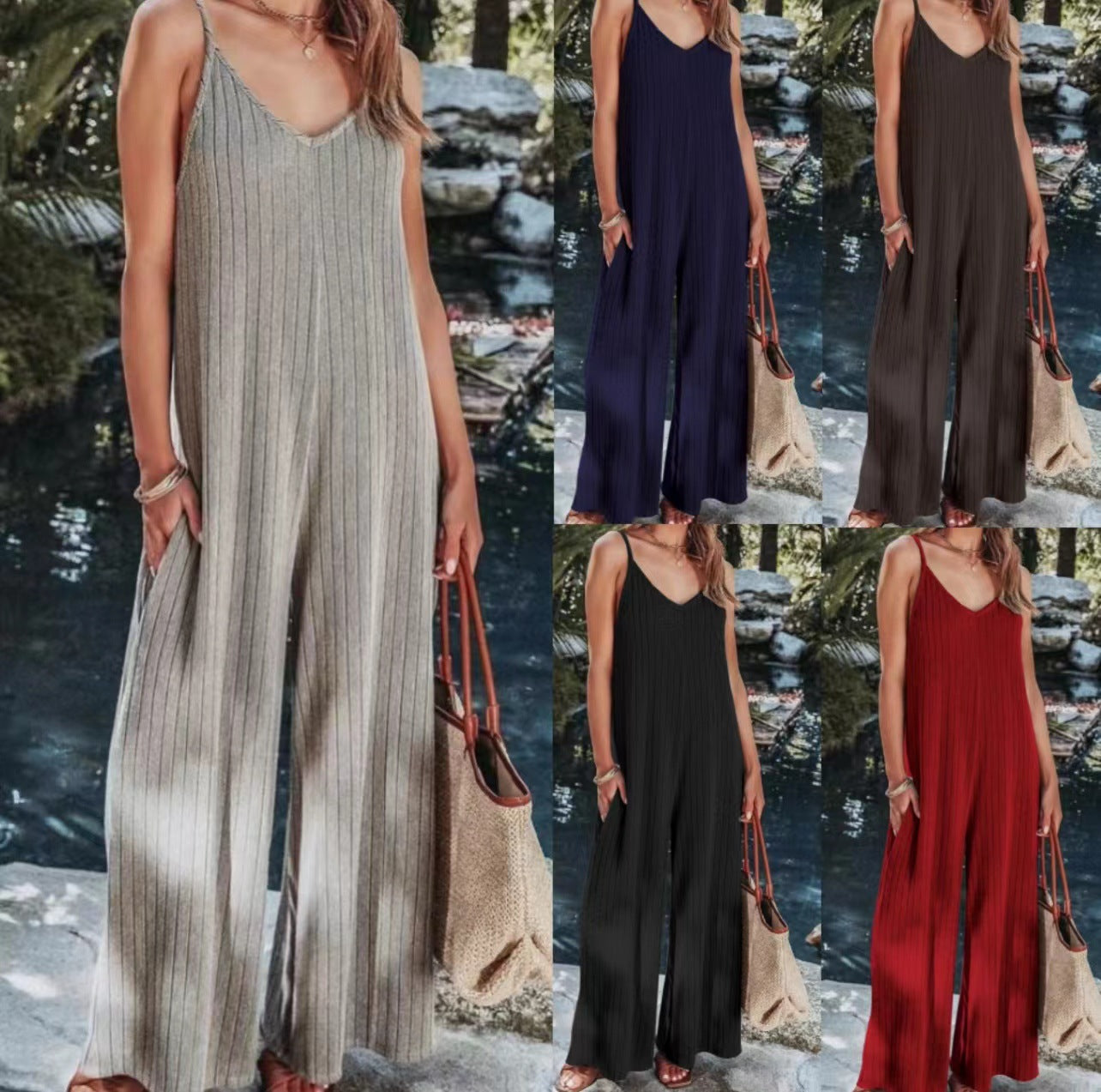 Dame Bredskåren Jumpsuit med dybt V-udskæring og praktiske lommer Stilla