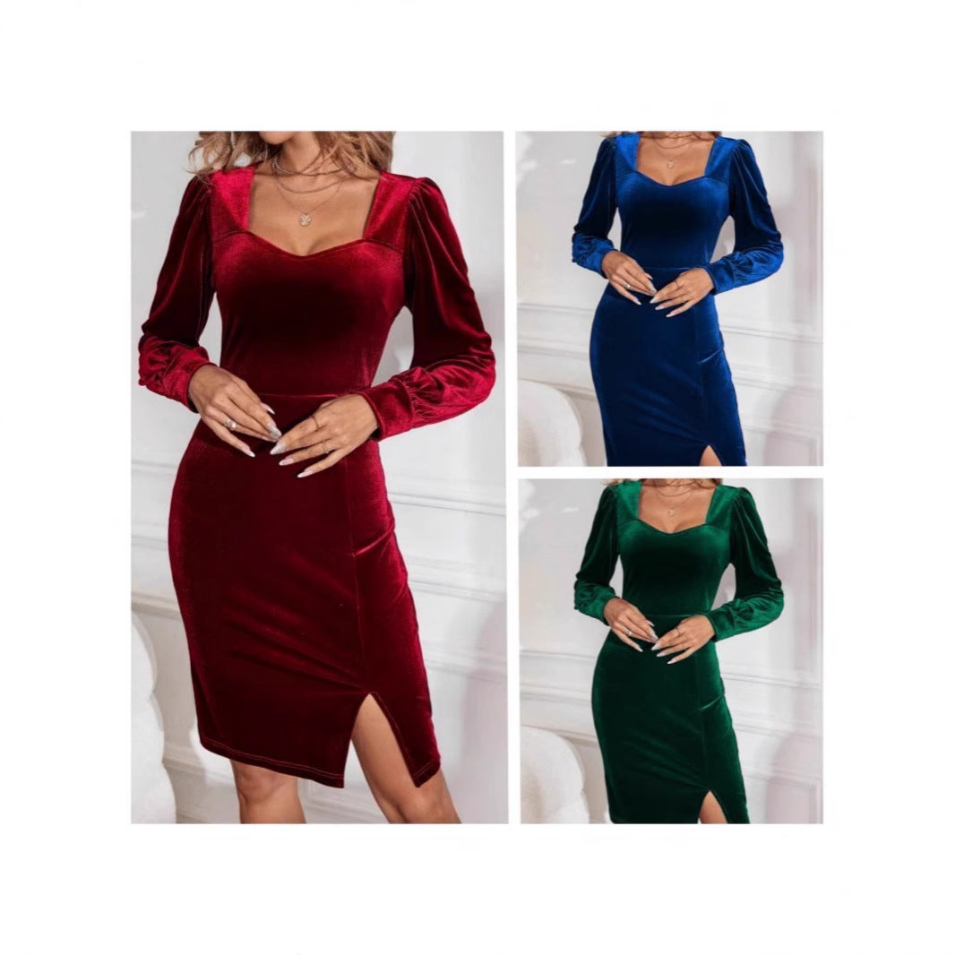 Dame elegant fløjlskjole med dyb udskæring og pufærmer Stilla