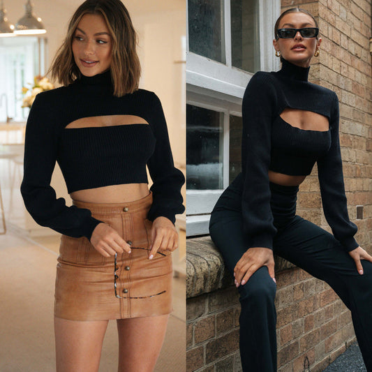 Dame Cropped Pullover med Cut-Out-design og højhalset krave Stilla