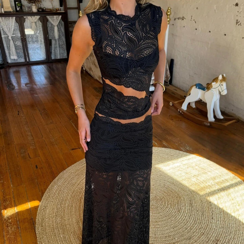 Dame Elegant aftenkjole med spidsdetaljer Stilla