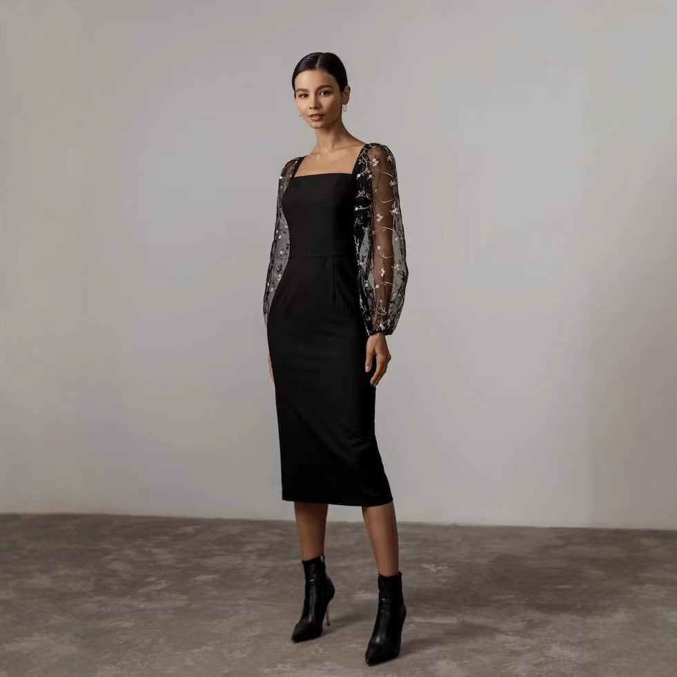 Dame Elegant aftenkjole med gennemsigtige, broderede ærmer Stilla