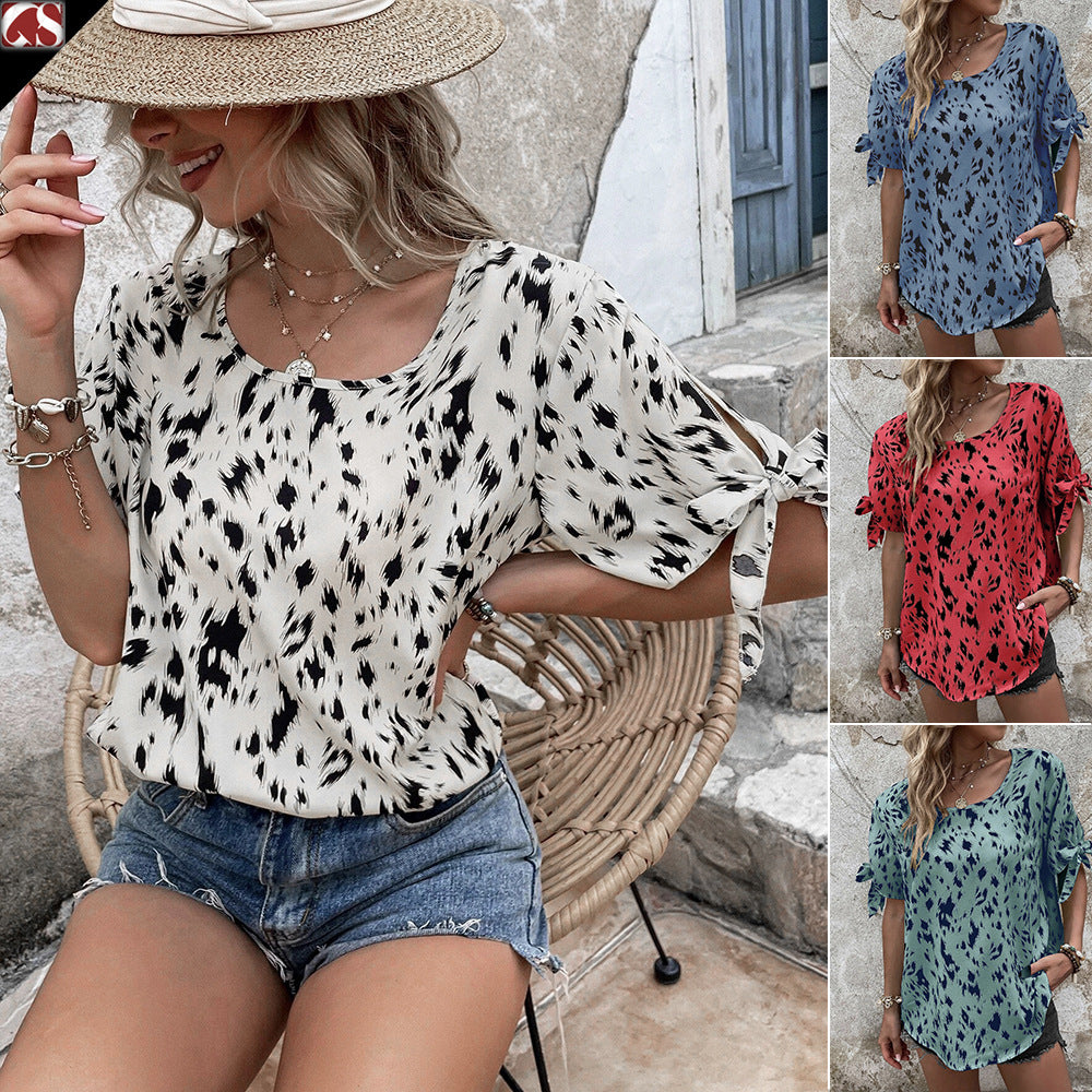 Dame afslappet kortærmet bluse med dekorative bindebånd Stilla