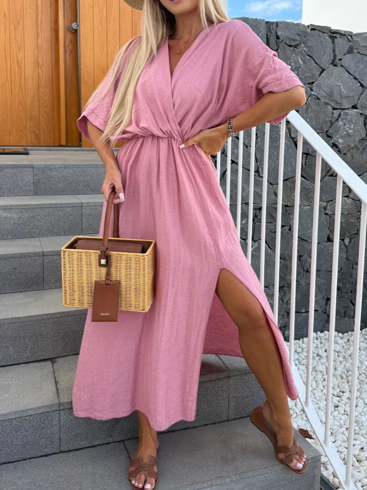 Dame afslappet maxikjole med viklelook og sideslids Stilla