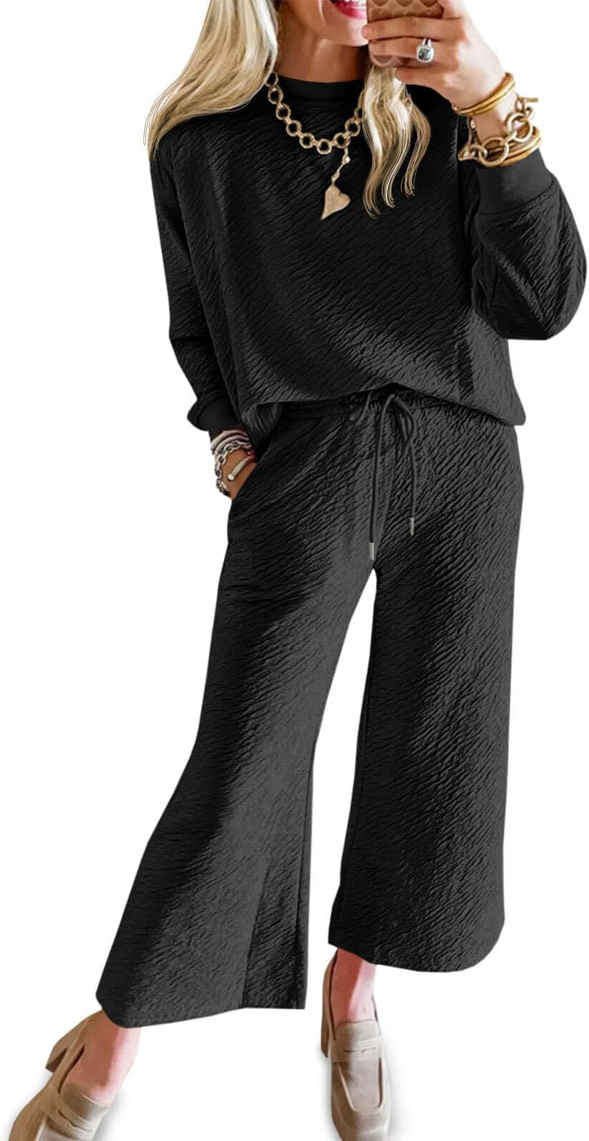 Dame afslappet lounge-sæt med tekstureret stof og elastisk linning Stilla