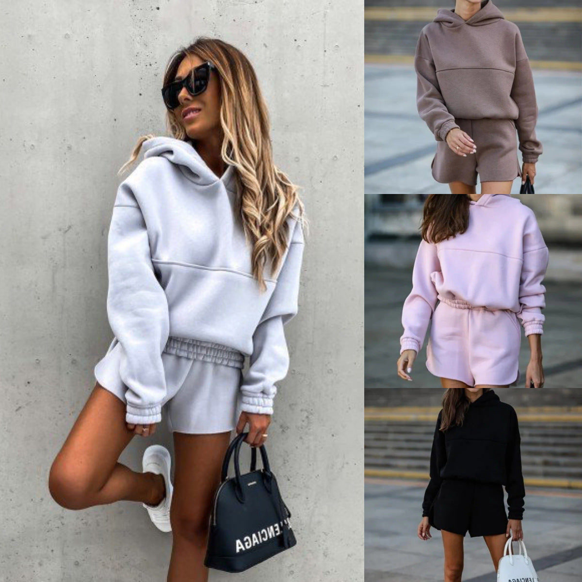 Dame afslappet fritids-sæt med hættetrøje og shorts Stilla