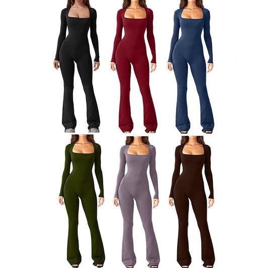 Dame Elegant Langærmet Jumpsuit med dyb kvadratisk U-hals og flatterende snit Stilla