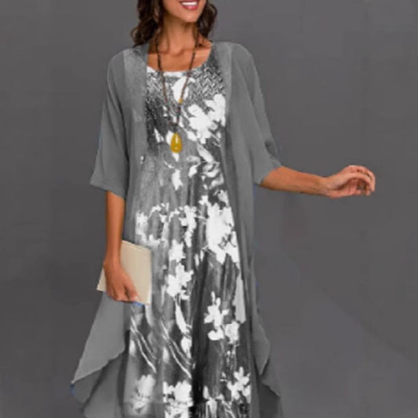 Dame elegant fritidskjole med asymmetrisk kant og floral design Stilla