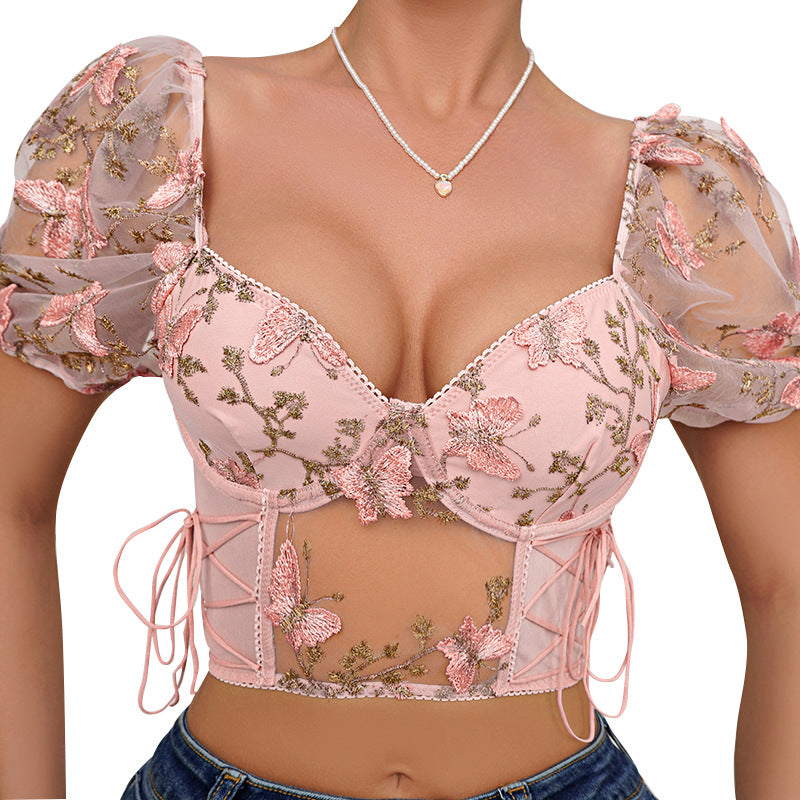 Dame Elegant blomsterblonde-top med pufærmer og forførende snit Stilla