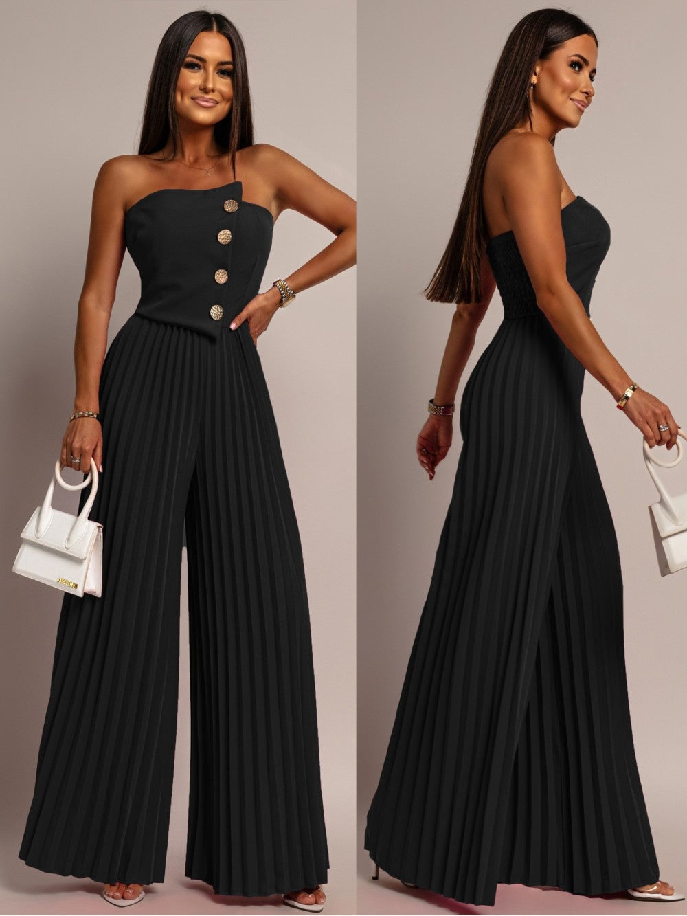 Dame Elegant Jumpsuit med Folder og Knapdetaljer Stilla