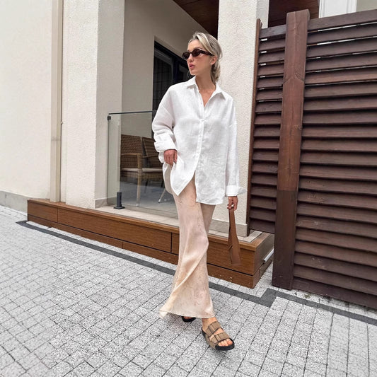 Dame afslappet skjorte bluse lavet af kvalitetslinned med åben forkant Stilla