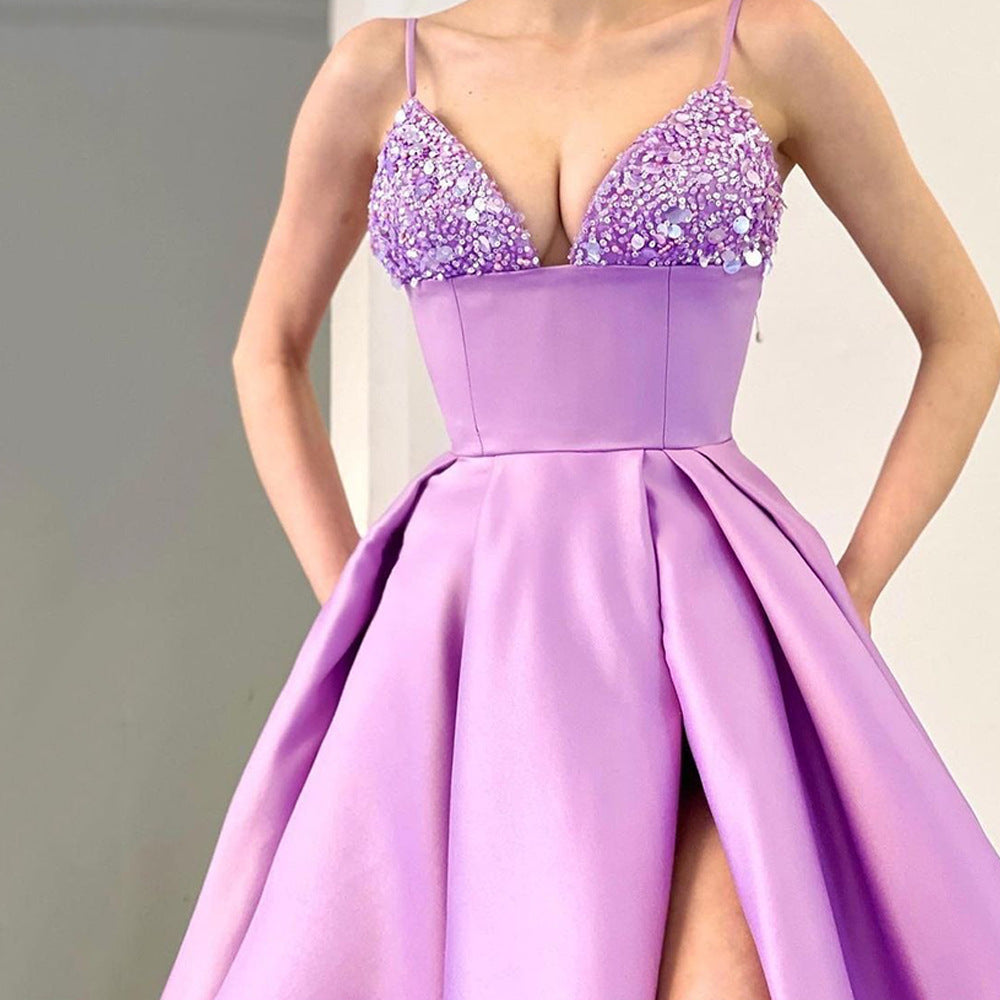 Dame Elegant aftenkjole med skinnende overdel og højt slids Stilla