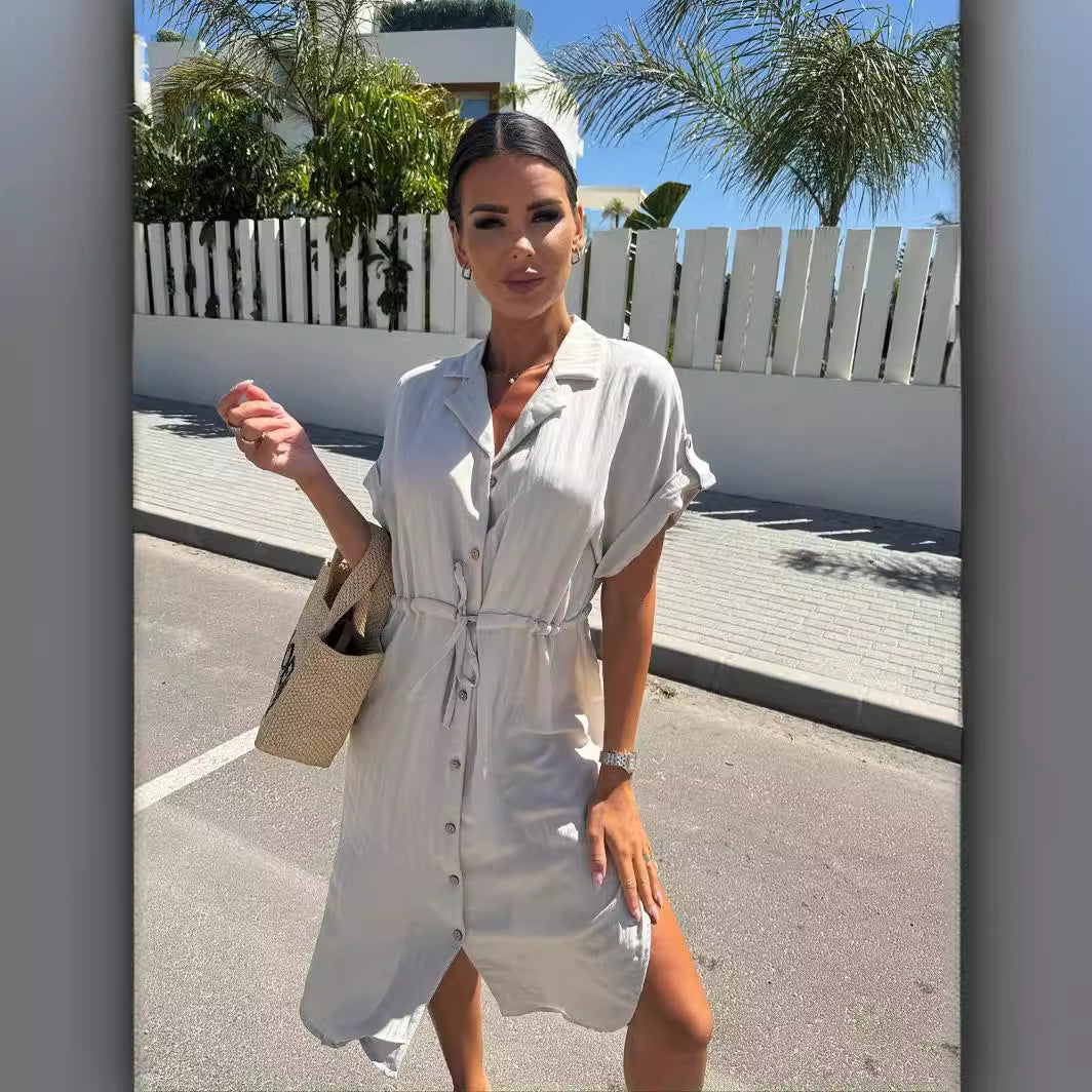 Dame Afslappet Knappeskjorte Kjole med Bindebælte Stilla