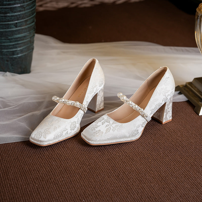 Dame Elegant Blokhæl Mary Jane Pumper med Dekorativ Perlekæde Stilla