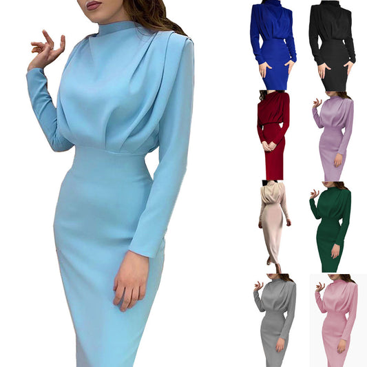 Dame elegant Langærmet kjole med høj hals og drapering Stilla
