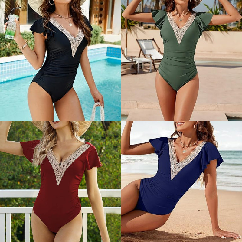 Dame Elegant en-delt badesuite med delikat V-hals og ruffle-detaljer Stilla