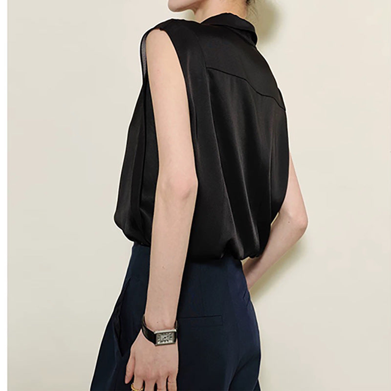 Dame elegant bluse med transparente ærmer og fin satinlook Stilla