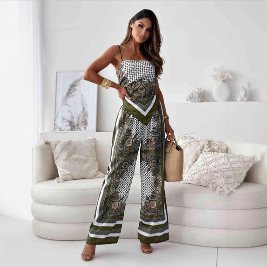 Dame jumpsuit med fine spaghetti-stropper og elegant mønster Stilla