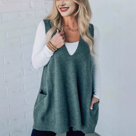 Dame Casual Vest med V-hals og praktiske lommer Stilla