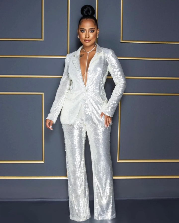Dame Glitterende Jumpsuit sæt med tætsiddende silhuet og glitrende detaljer Stilla