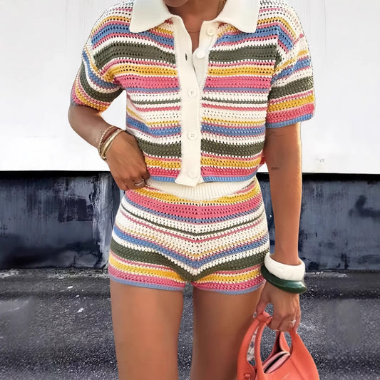 Dame trendy hæklede shorts med elastisk talje og farverigt stribemønster Stilla