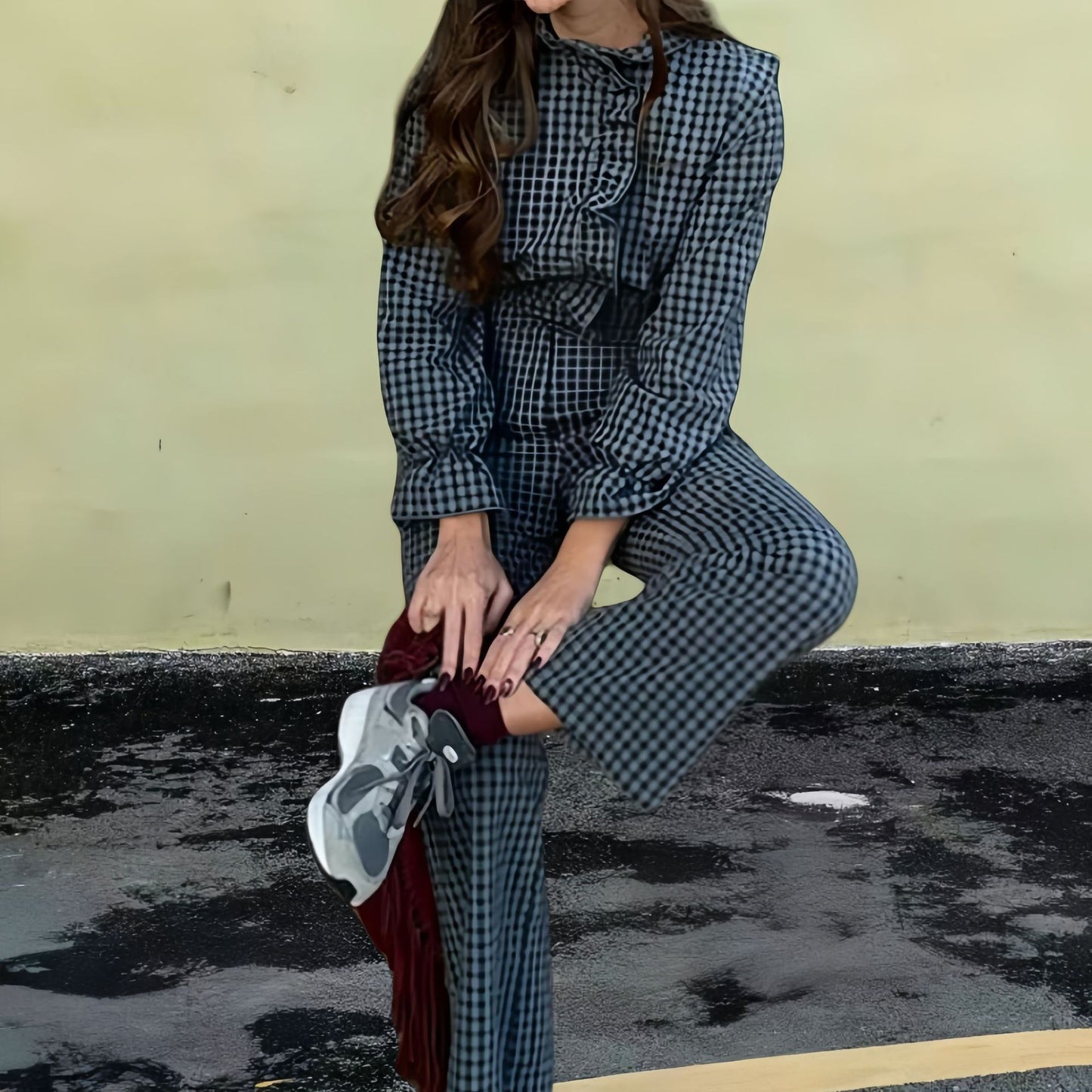 Damer Glamourøst Rutig Mønster Jumpsuit med Høj Krave og Knapfront Stilla