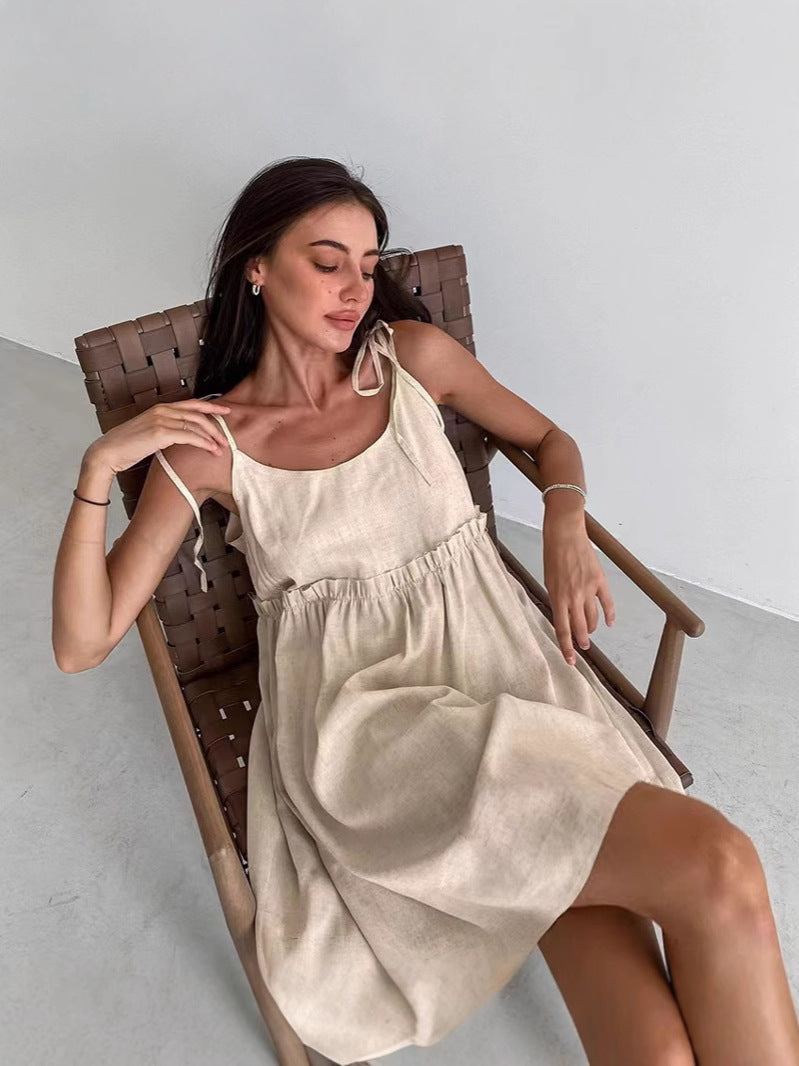 Dame afslappet spaghetti stropkjole med elastisk talje og dekorative sløjfer Stilla