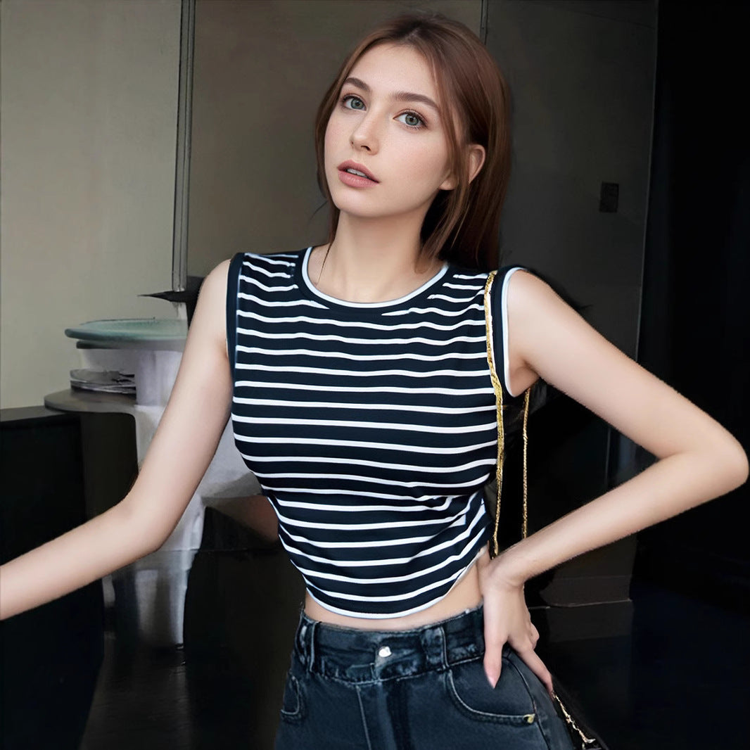 Dame Cropped T-Shirt med vidde ærmer og stribemønster Stilla