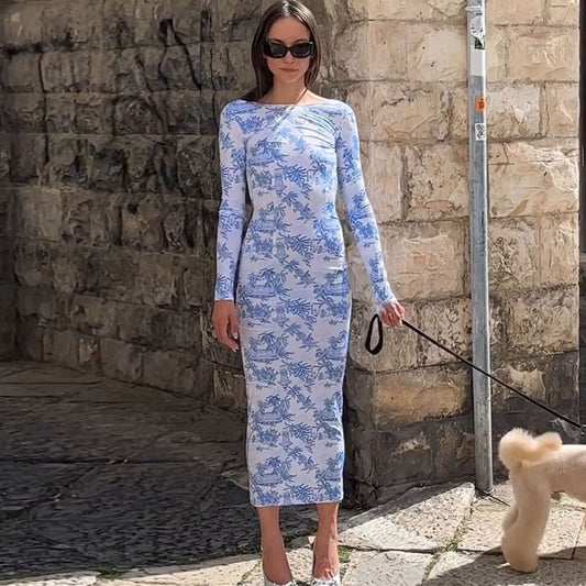 Dame Elegant Langærmet Kjole med Florale Mønstre og Figurtilpasset Snit Stilla