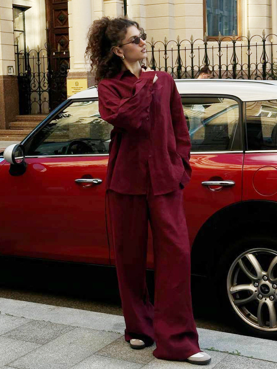 Dame afslappet linnedragt sæt med oversized skjorte og løse bukser Stilla