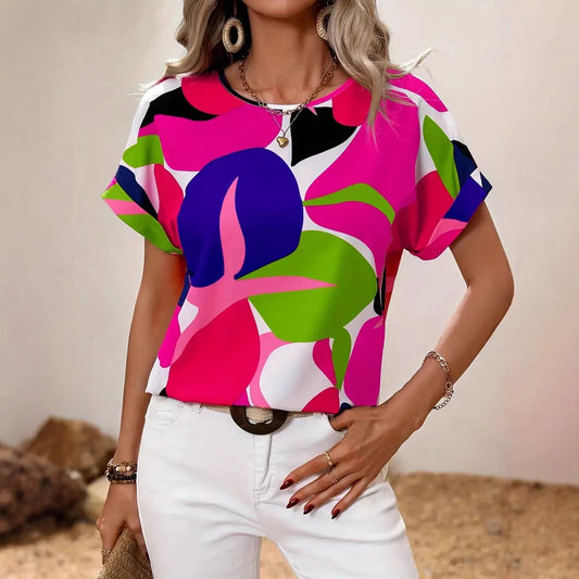 Dame afslappet kortærmet skjorte med farverigt blomstermønster Stilla