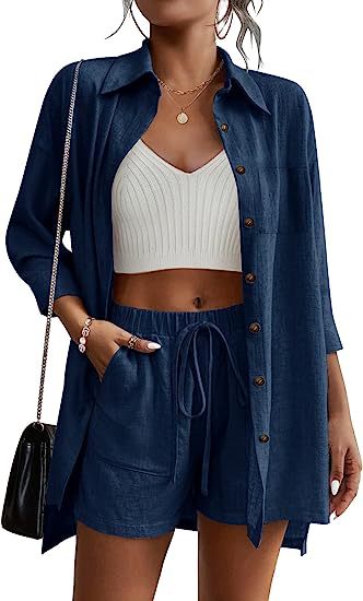 Dame afslappet linned sæt med korte bukser og skjorte Stilla