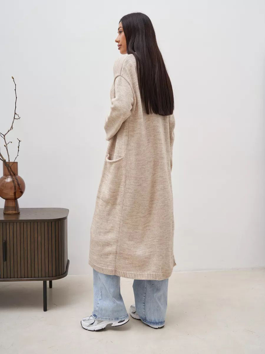 Dame elegant cardigan med talje bælte og dybe lommer Stilla