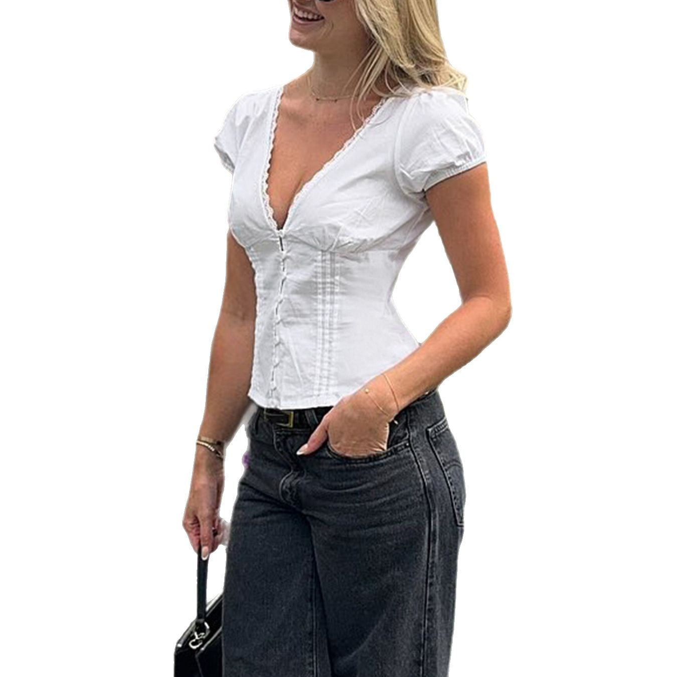 Dame Elegant Bluse shirt med pufærmer og spids accenter Stilla