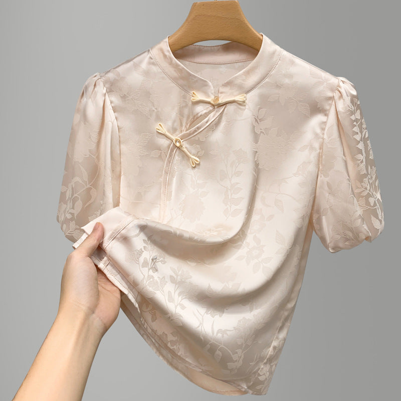 Dame Elegant Blusenshirt med blomsterapplikationer og puffærmer Stilla