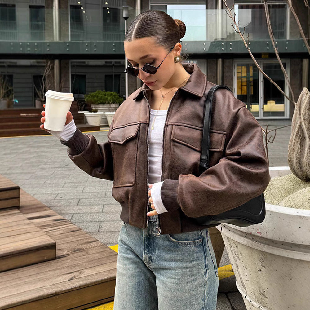 Dame cropped kunstlæderjakke med lommer Stilla