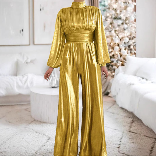Dame Glamourøs Jumpsuit med Ballonærmer og Høj Krave Stilla