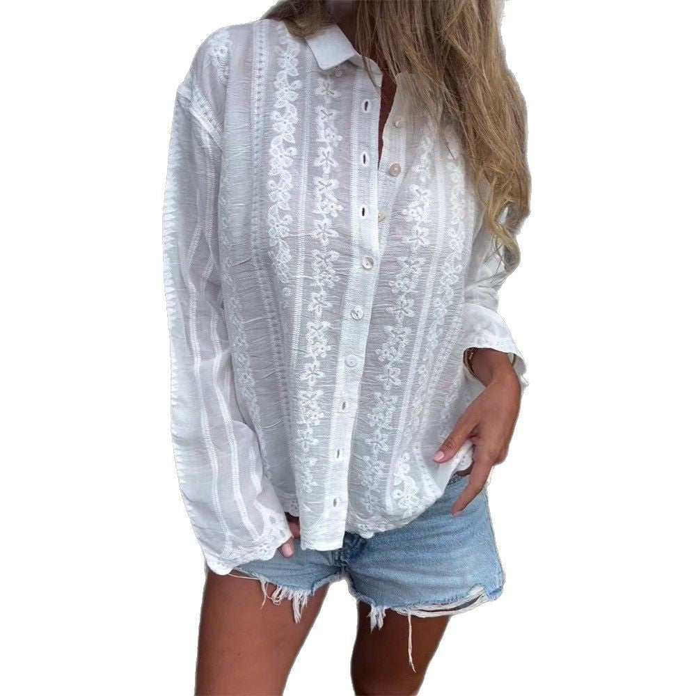 Dame elegant broderet bluse med knaplukning og lange ærmer Stilla