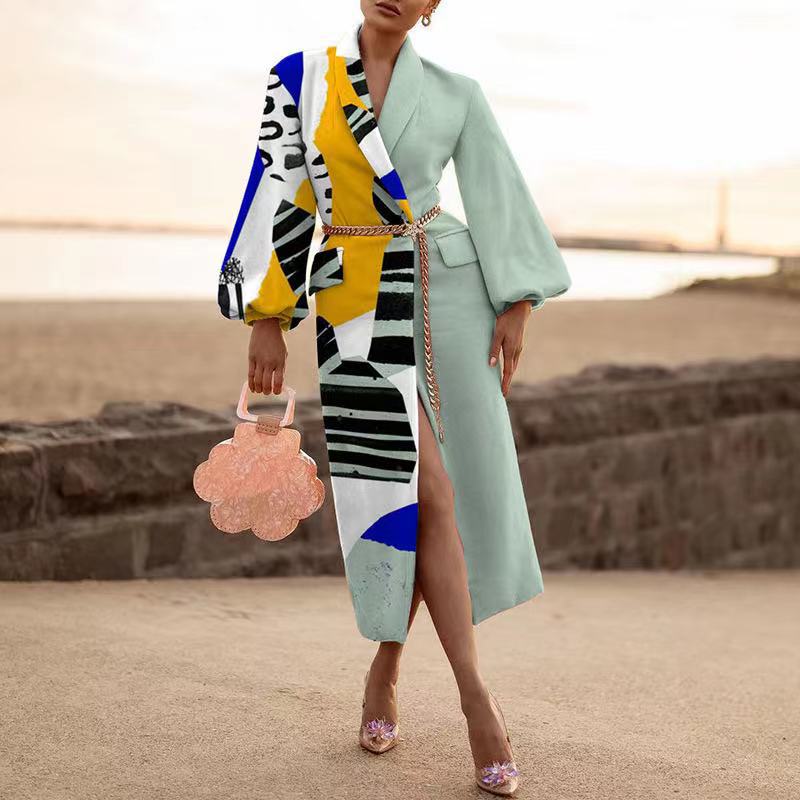 Dame Designer Frakke med kunstnerisk print og voluminøse ærmer Stilla