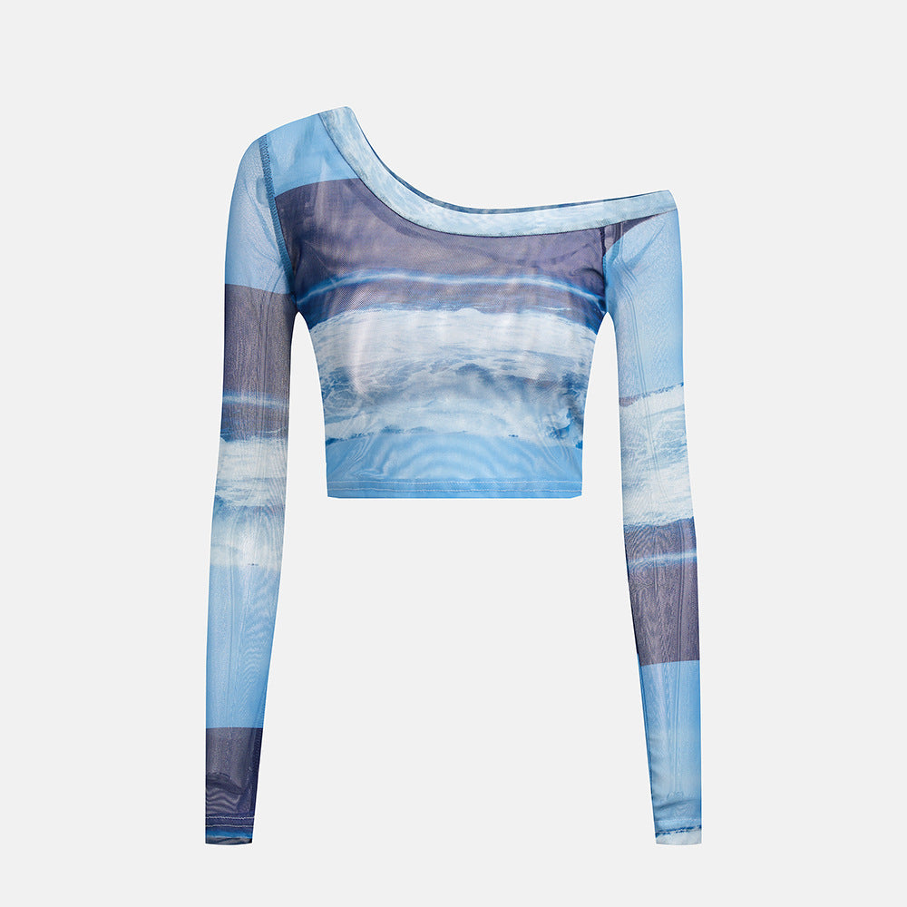 Dame cropped langærmet top med moderne batikmønster Stilla