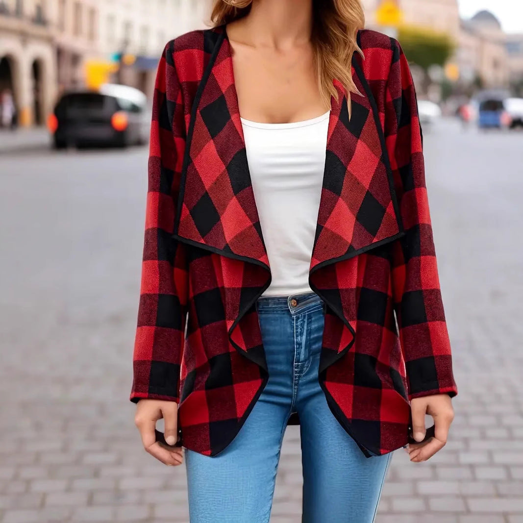 Dame afslappet flannel cardigan med asymmetrisk snit og ternet mønster Stilla