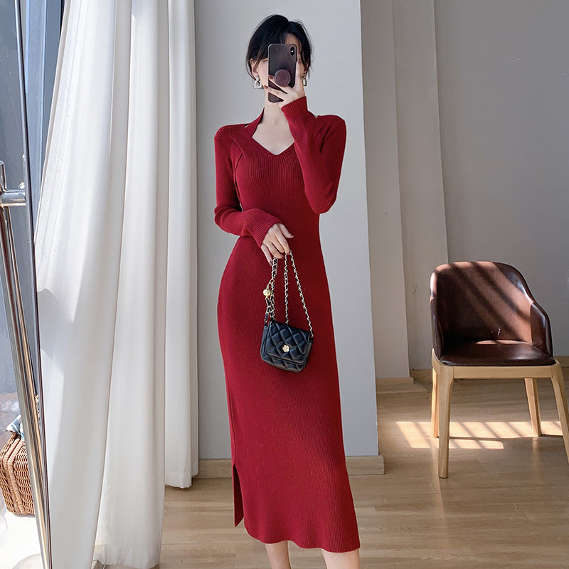 Femme Elegant Langærmet Strikkjole Stilla