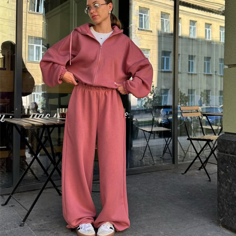 Dame afslappet fleece-sæt med lynlås og elastisk talje Stilla