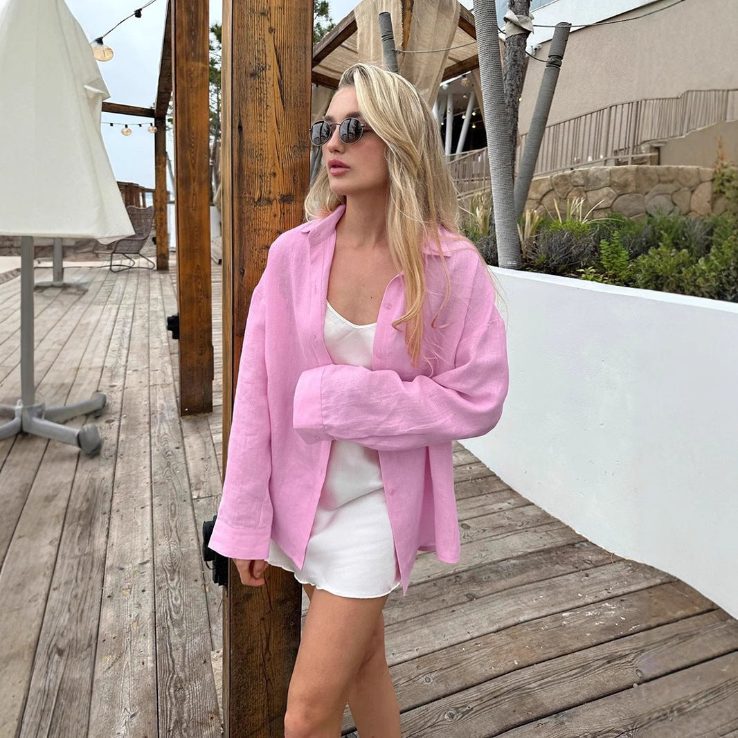 Dame afslappet skjorte bluse lavet af kvalitetslinned med åben forkant Stilla