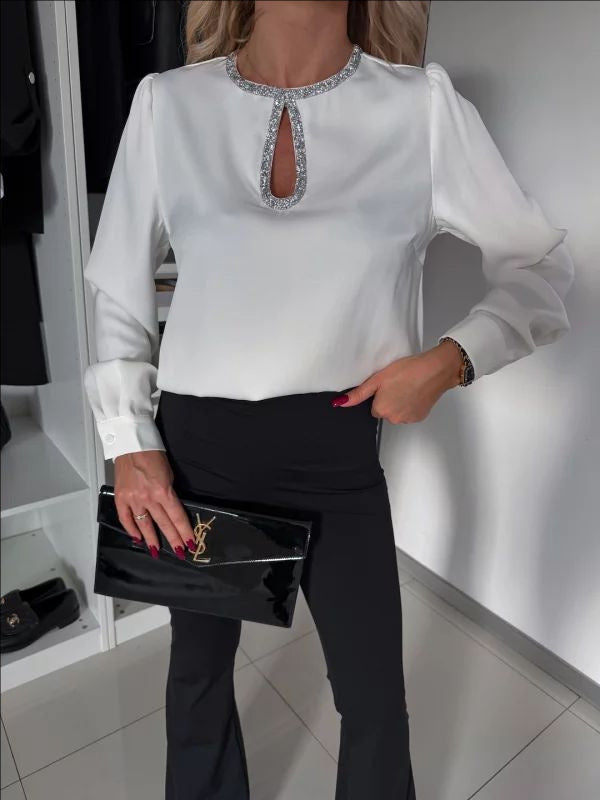 Dame elegant Bluse med glimmerdetaljer og slids Stilla