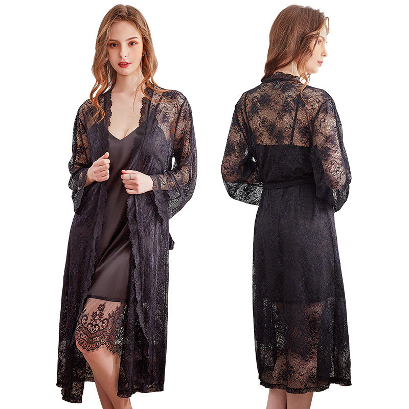 Dame natkjole kimono med fin spidsudsmykning Stilla