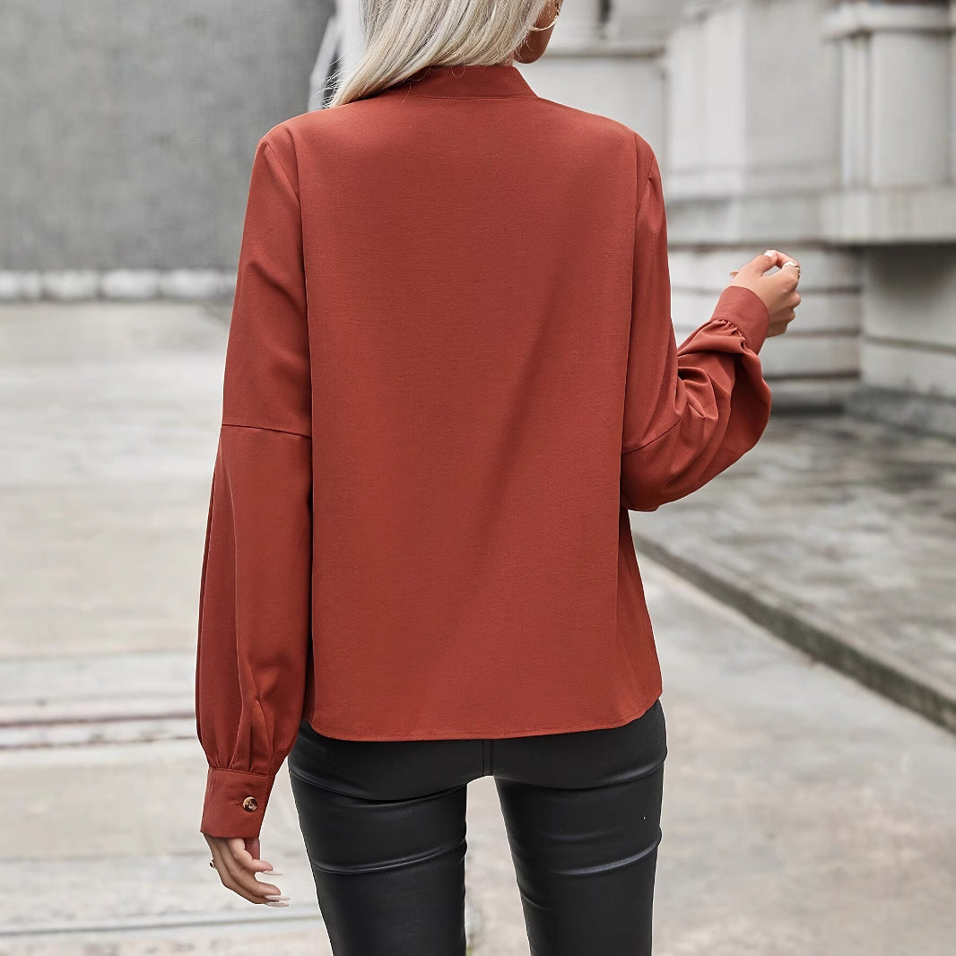 Dame elegant Bluse med højhalset krave og pufærmer Stilla