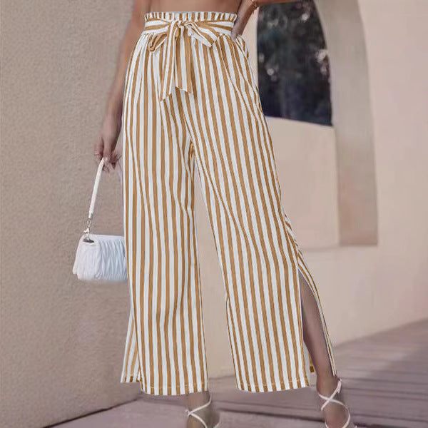 Dame Elegant Høj Talje Palazzo Bukser med Sideslids og Bindebælte Stilla