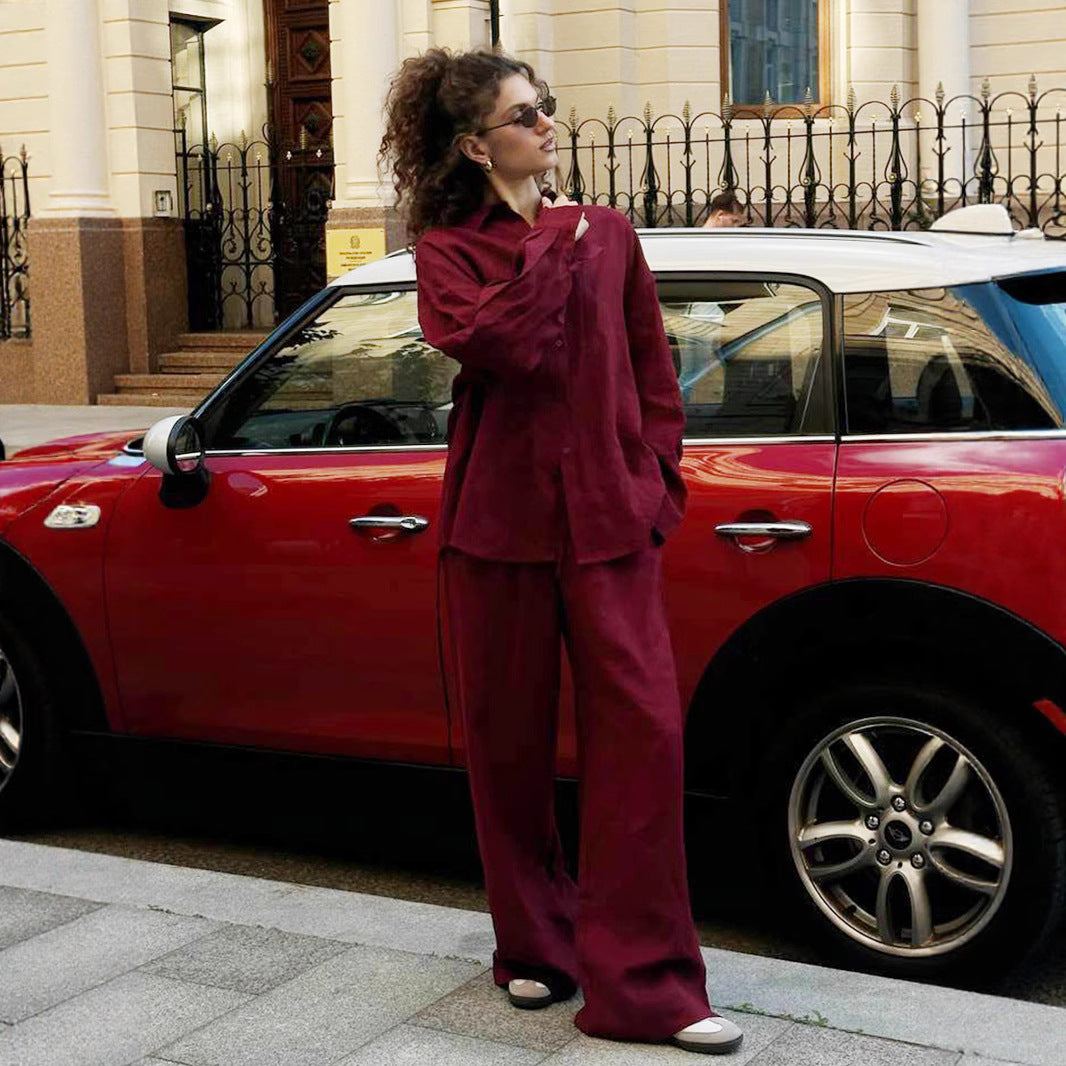 Dame afslappet linnedragt med brede bukser og oversized skjorte Stilla