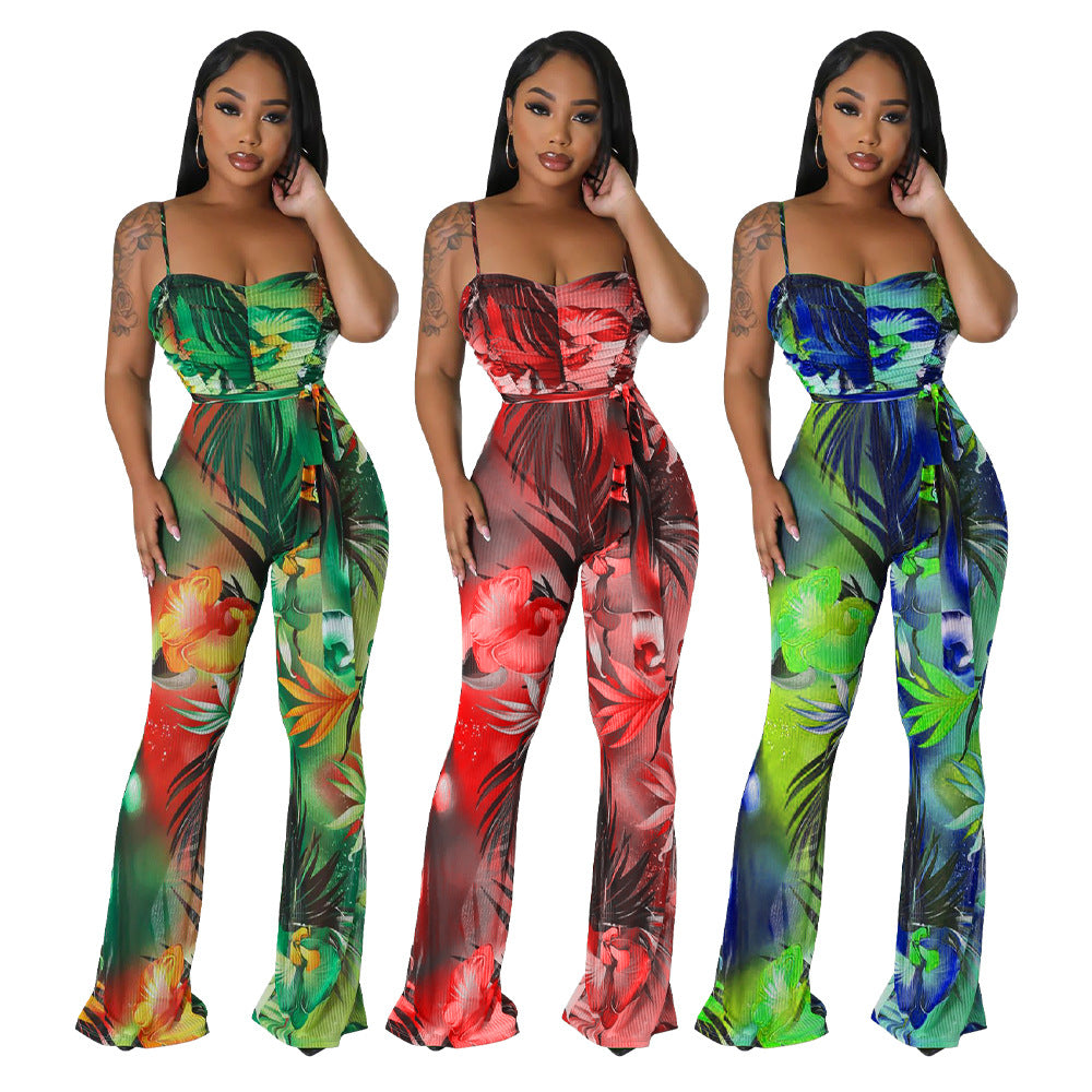 Dame afslappet jumpsuit med strapless design og blomster mønster Stilla